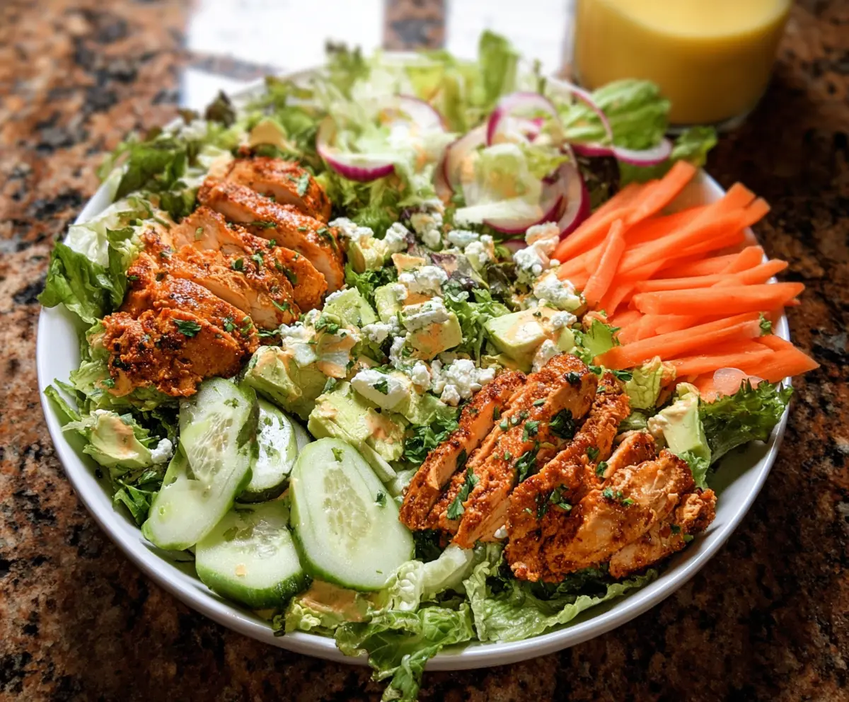 Buffalo Ranch Chicken Salad in a bowl, featuring shredded chicken, fresh greens, and creamy dressing.