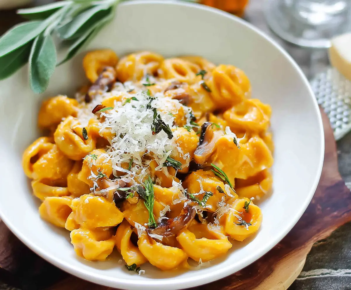 Creamy butternut squash pasta dish with herbs and parmesan cheese.
