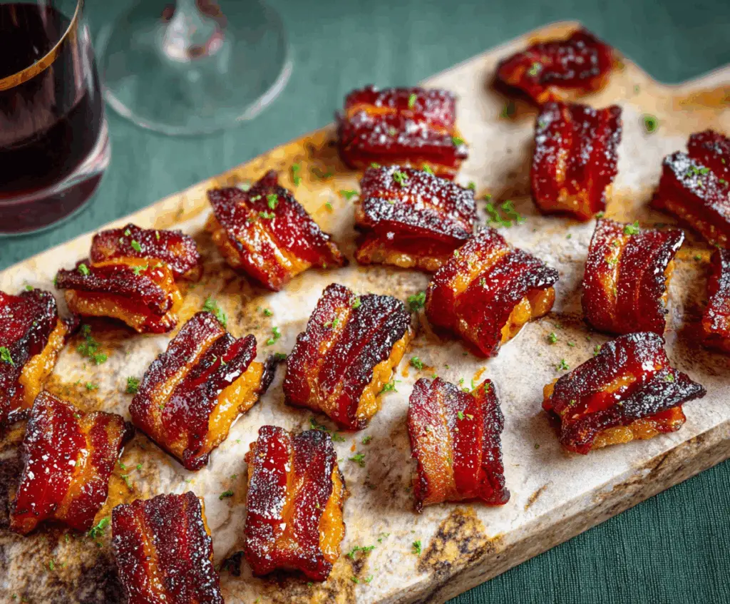 Delicious candied bacon bites on a white plate, glazed with sweet maple syrup and crispy edges