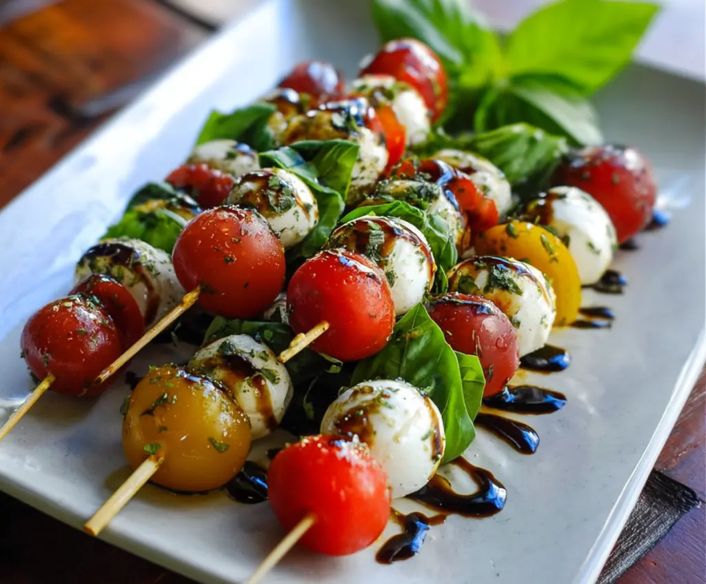 Fresh Caprese skewers with cherry tomatoes, mozzarella balls, and basil leaves on wooden sticks.