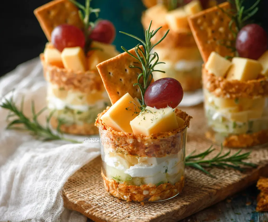 Delicious cheese and crackers cups with melted cheese and crispy crackers on a white plate