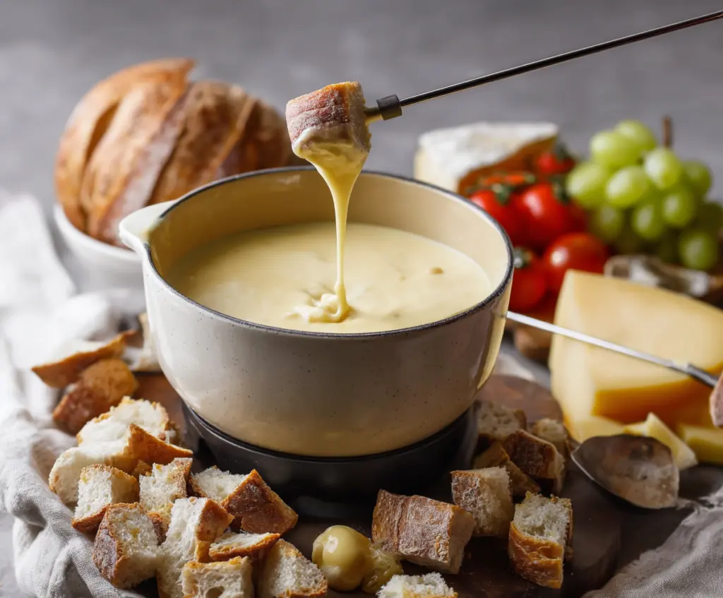 Delicious melting cheese fondue served with fresh bread and vegetables