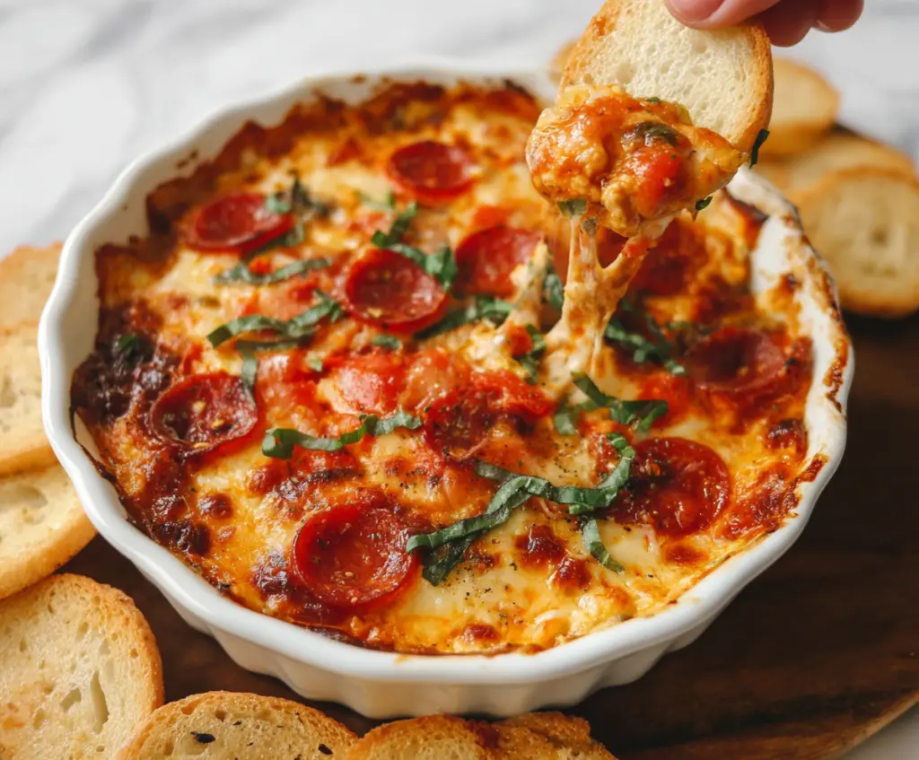 Delicious cheesy baked pizza dip served in a bowl, perfect for sharing at parties.