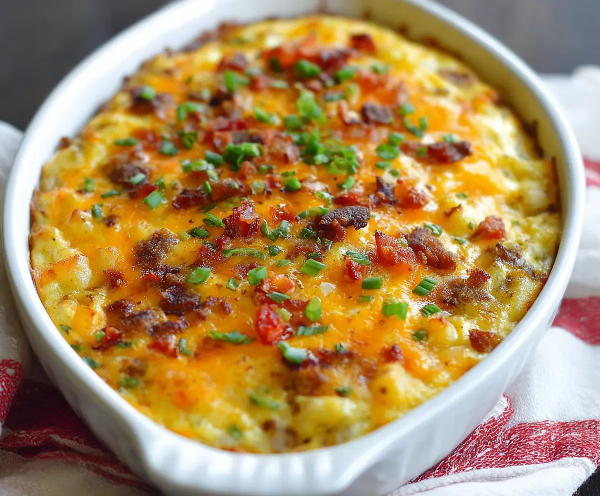 Delicious cheesy potato breakfast casserole in a baking dish garnished with herbs.