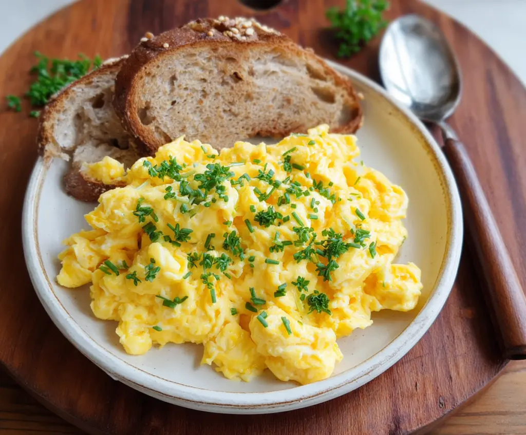 Delicious cheesy scrambled eggs in a skillet, perfect for breakfast or brunch.