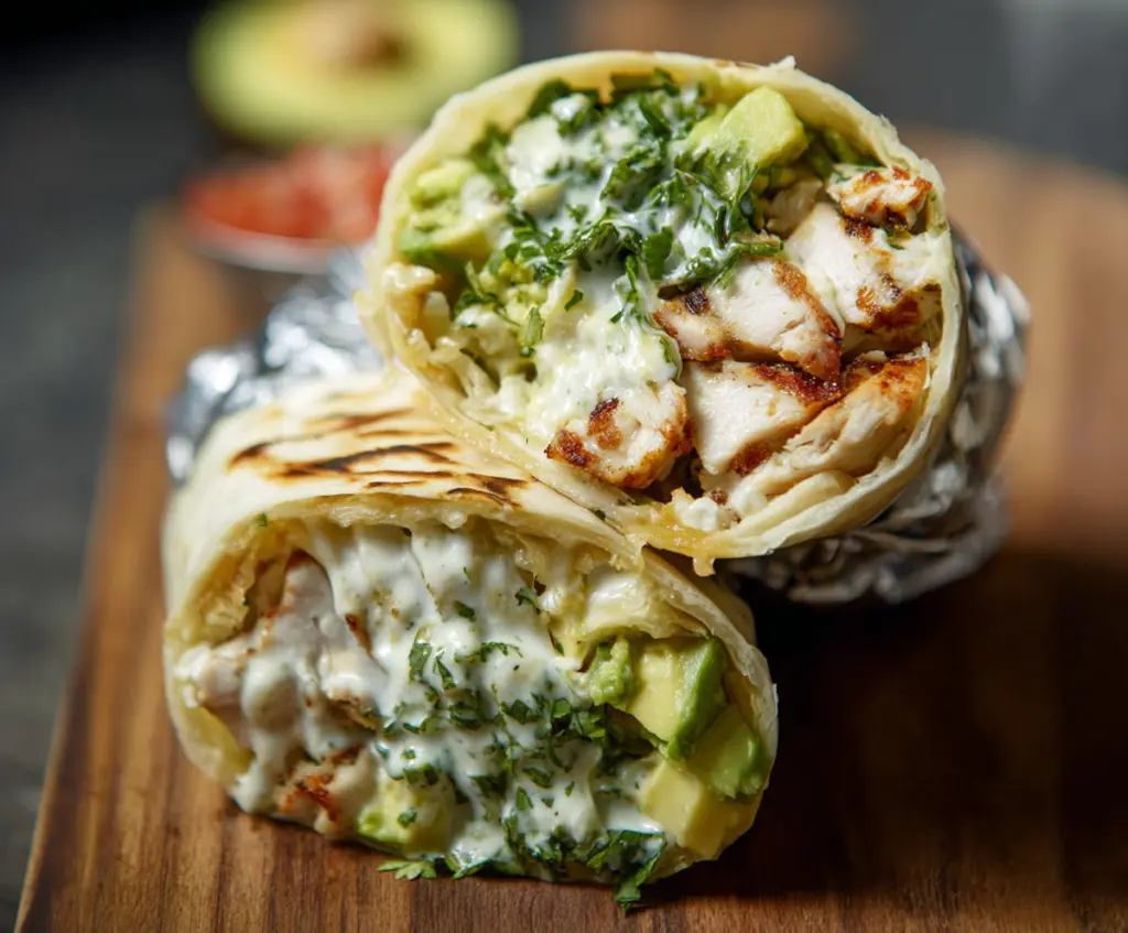 Delicious chicken avocado burrito with fresh vegetables and creamy sauce.