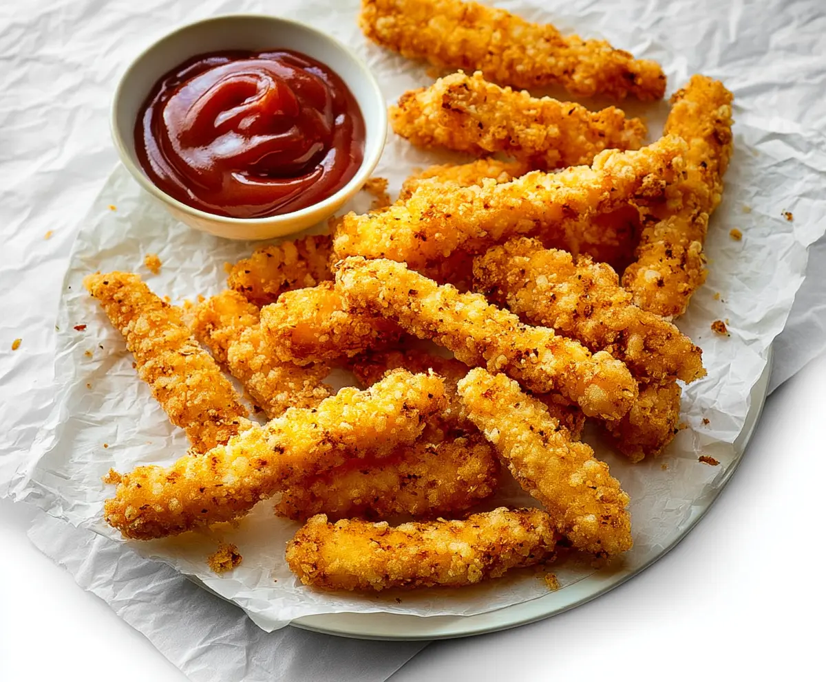 Crispy chicken fries served with dipping sauce on a plate, perfect for kids' snacks or party appetizers.