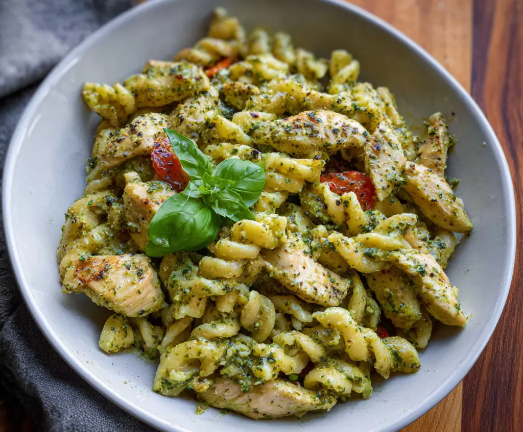 Delicious Chicken Pesto Pasta dish with fresh basil and melted cheese.