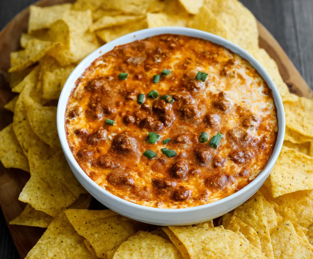 Creamy chili cheese dip served with tortilla chips, perfect for parties and snacks.