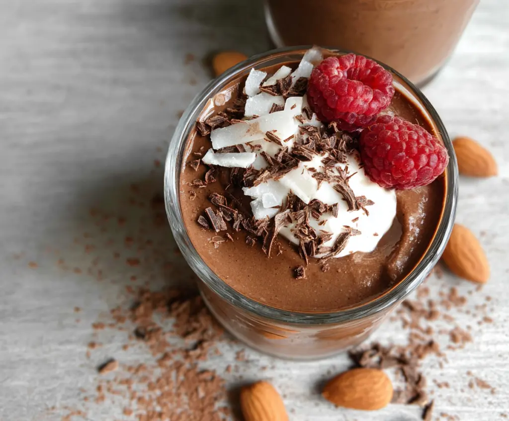 Creamy chocolate protein pudding in a glass bowl on a wooden table, garnished with chocolate shavings.