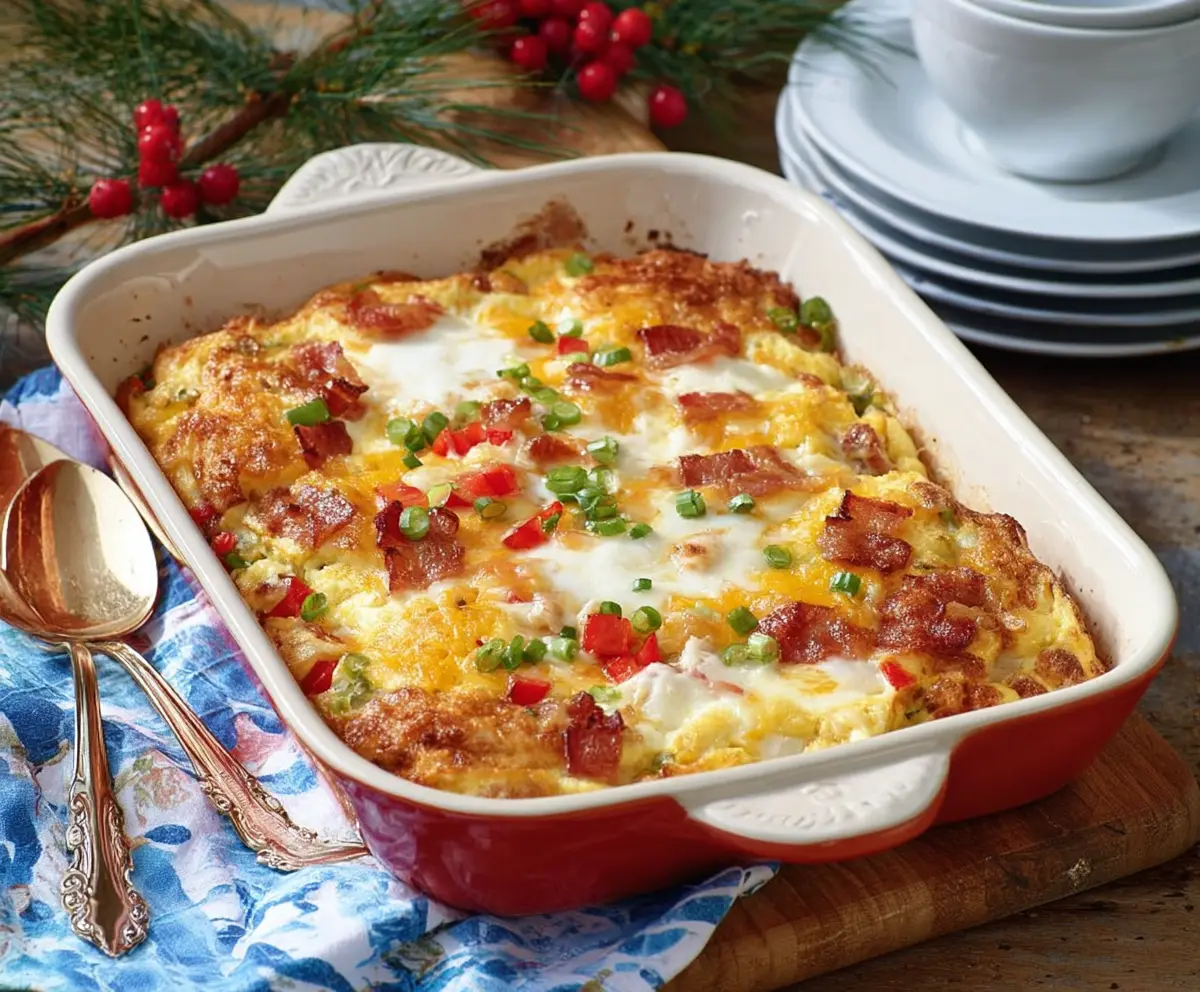 Delicious Christmas breakfast casserole with eggs, cheese, and breakfast sausage served in a festive holiday setting.