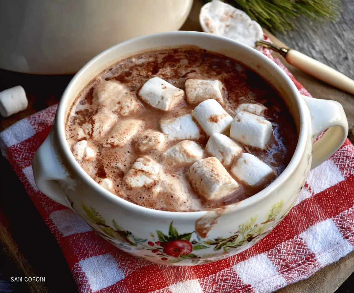 Warm and creamy Christmas Eve Crockpot Hot Chocolate served in a festive mug with whipped cream and sprinkles.