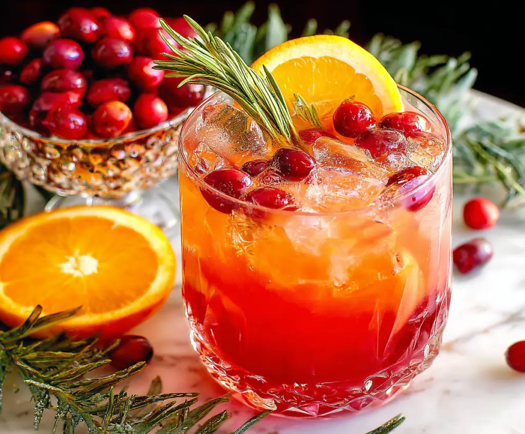 Festive Christmas punch in a glass garnished with citrus slices and seasonal herbs.