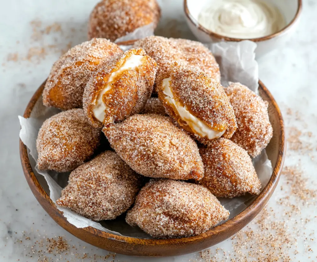 Delicious Cinnamon Cream Cheese Bites with a sprinkle of cinnamon on creamy filling, perfect as a sweet snack or dessert.