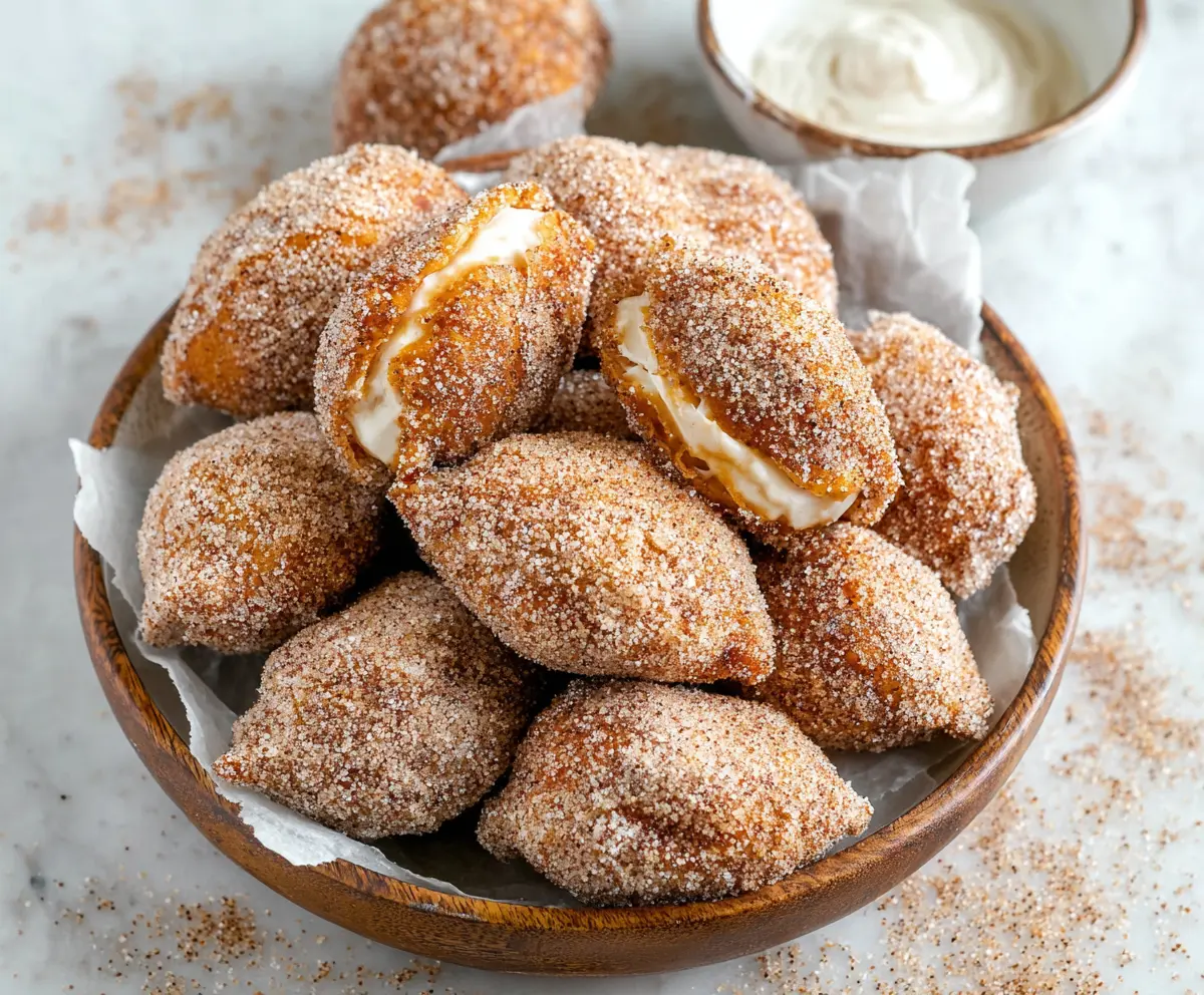 Delicious Cinnamon Cream Cheese Bites with a sprinkle of cinnamon on creamy filling, perfect as a sweet snack or dessert.