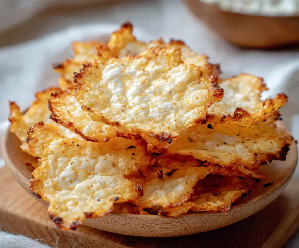 Crispy cottage cheese chips served with fresh herbs and a dipping sauce