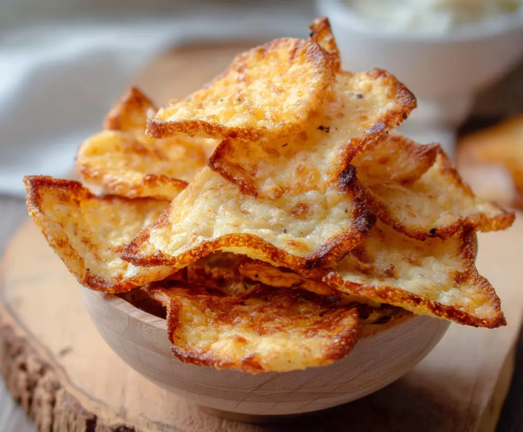 Crunchy homemade cottage cheese chips with herbs and spices on a white plate
