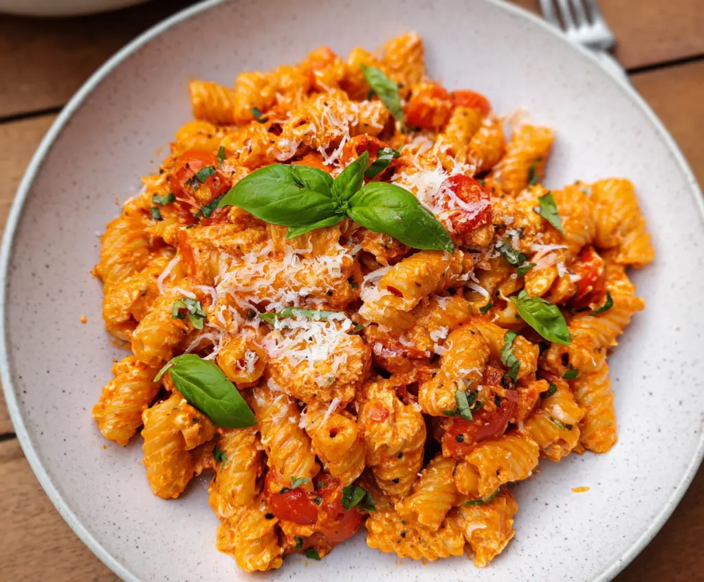 Delicious cottage cheese tomato pasta served in a bowl, showcasing fresh ingredients and vibrant colors.