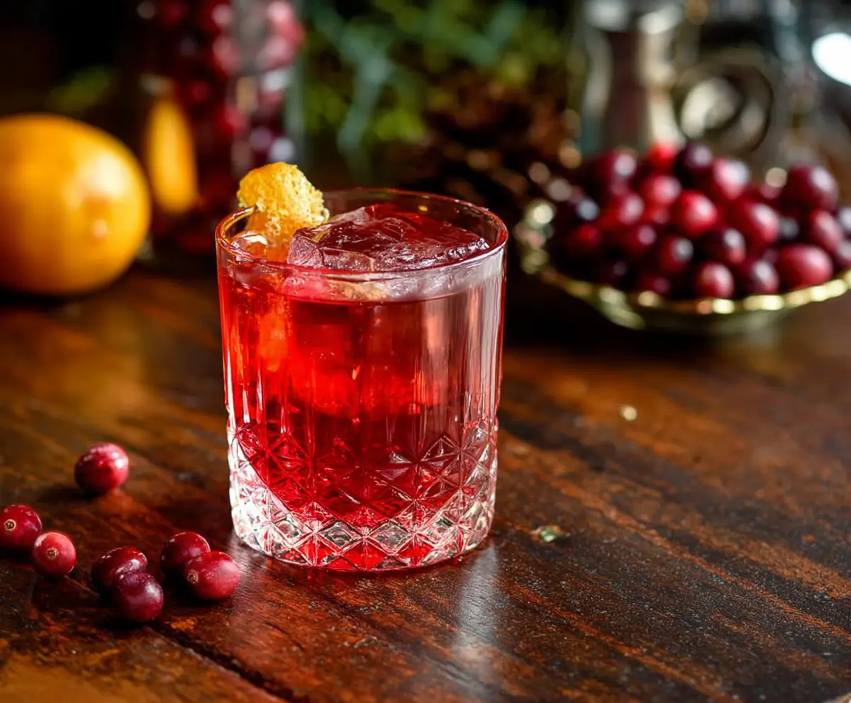 Refreshing Cranberry Negroni cocktail in a glass with fresh cranberries and orange peel garnish.