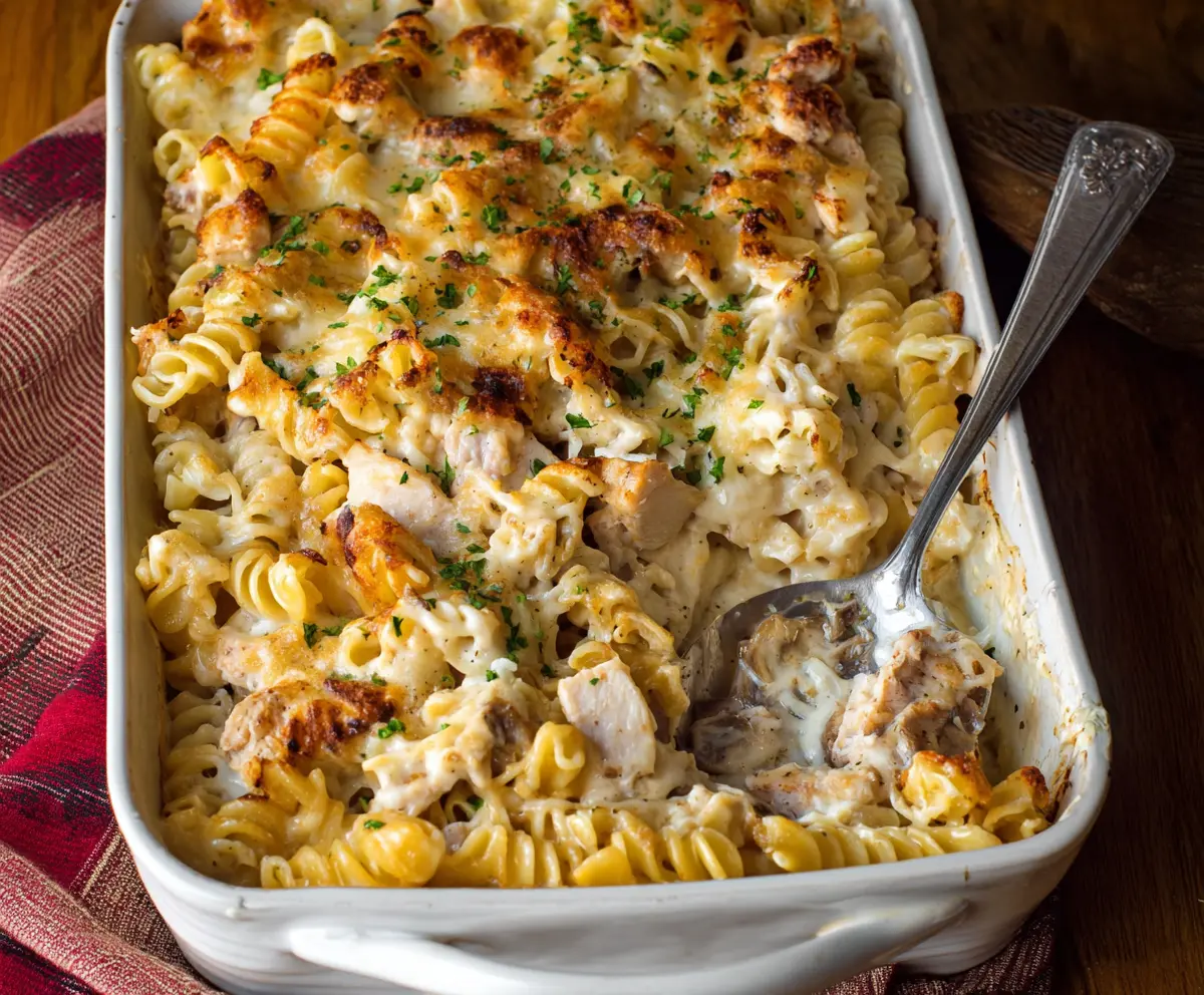 Delicious Creamy Chicken Alfredo Pasta Bake with melted cheese and tender chicken pieces