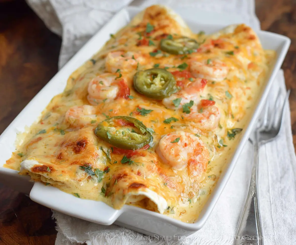 Delicious creamy shrimp enchiladas garnished with fresh herbs on a white plate.