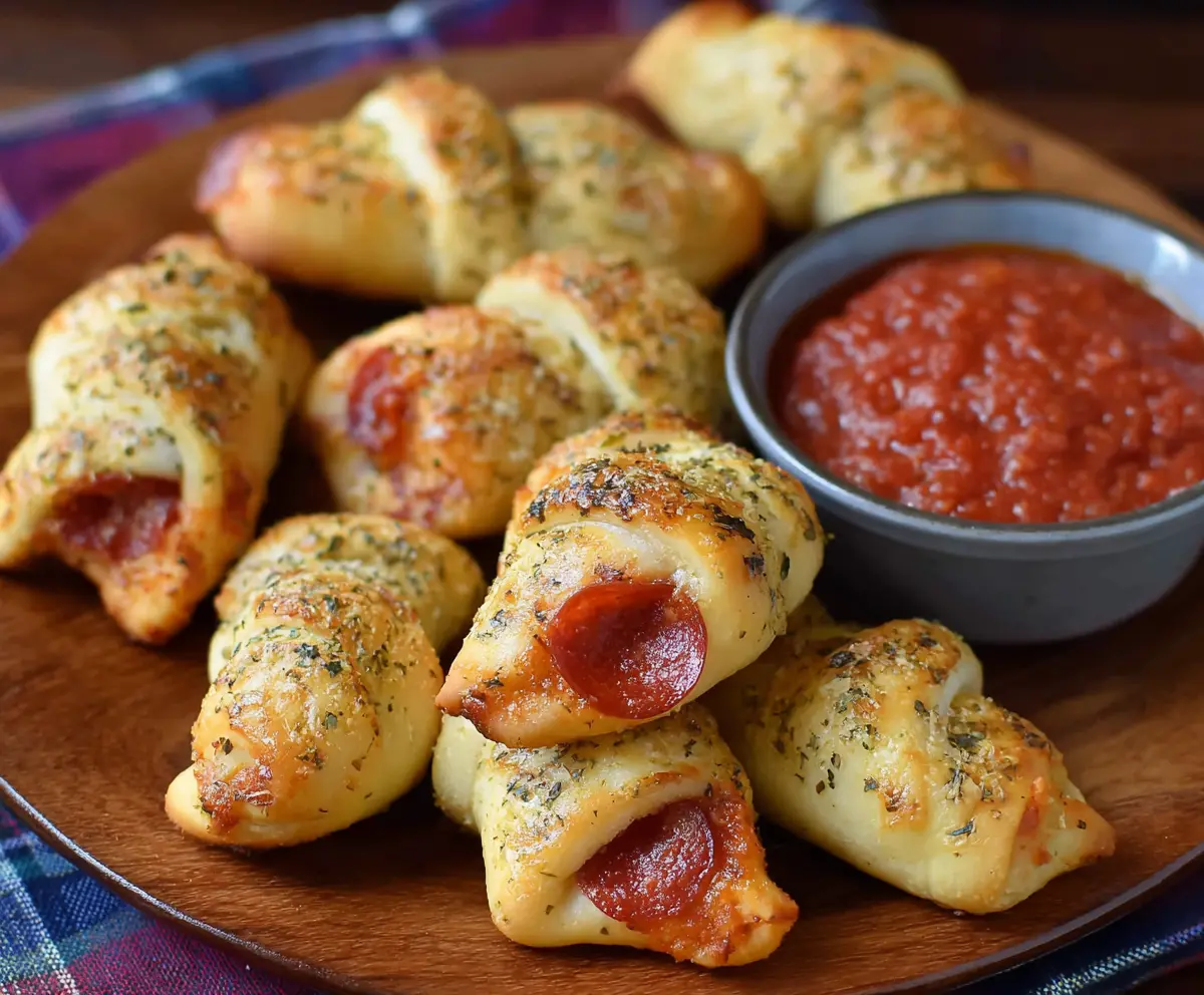 Crispy crescent roll pizza bites filled with melted cheese and pepperoni, perfect for snack or appetizer.