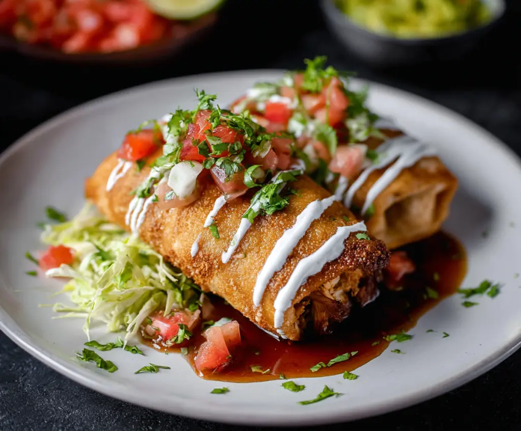 Crispy Chicken Chimichanga served with salsa and sour cream on a plate.