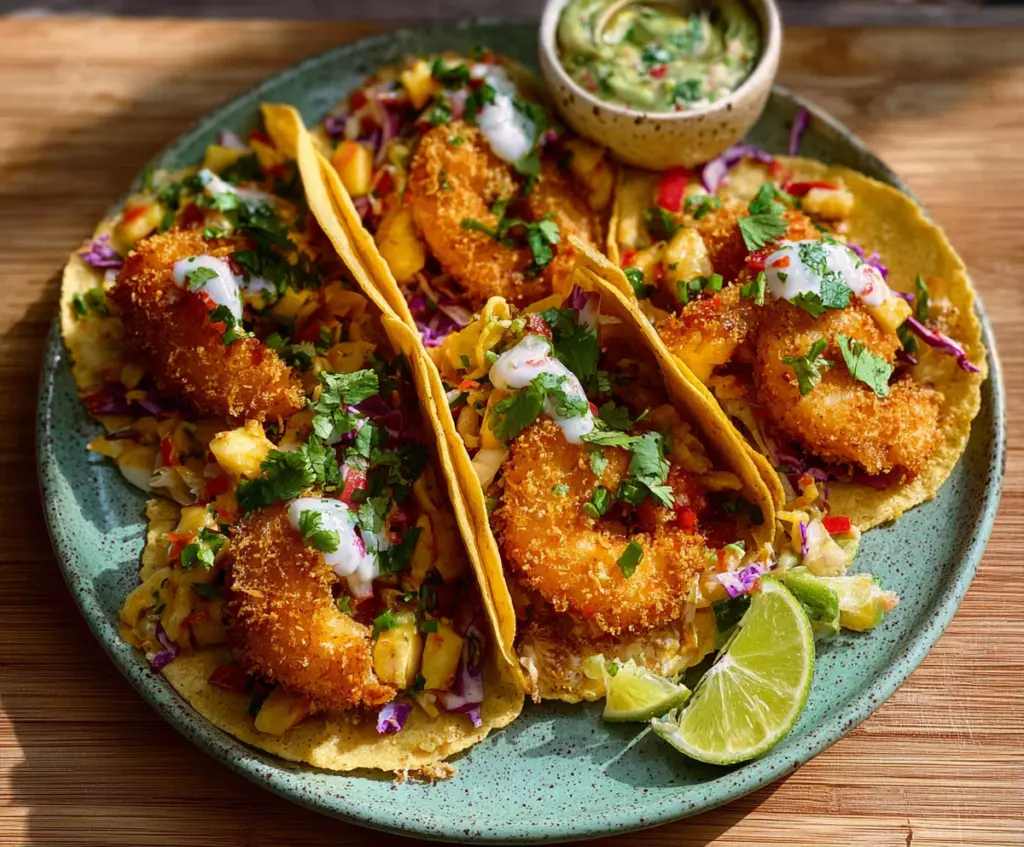 Delicious crispy coconut shrimp tacos served with fresh toppings on a vibrant plate.