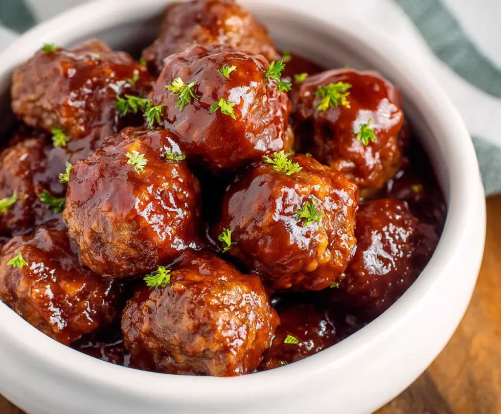 Delicious crockpot meatballs glazed with BBQ sauce served on a plate, perfect for easy dinner