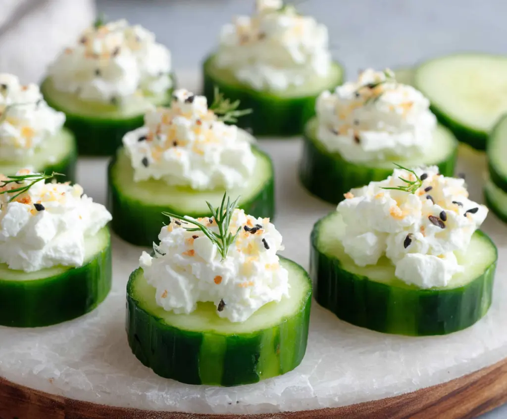 Delicious cucumber and cream cheese bites on a serving platter, perfect for snacks or parties.