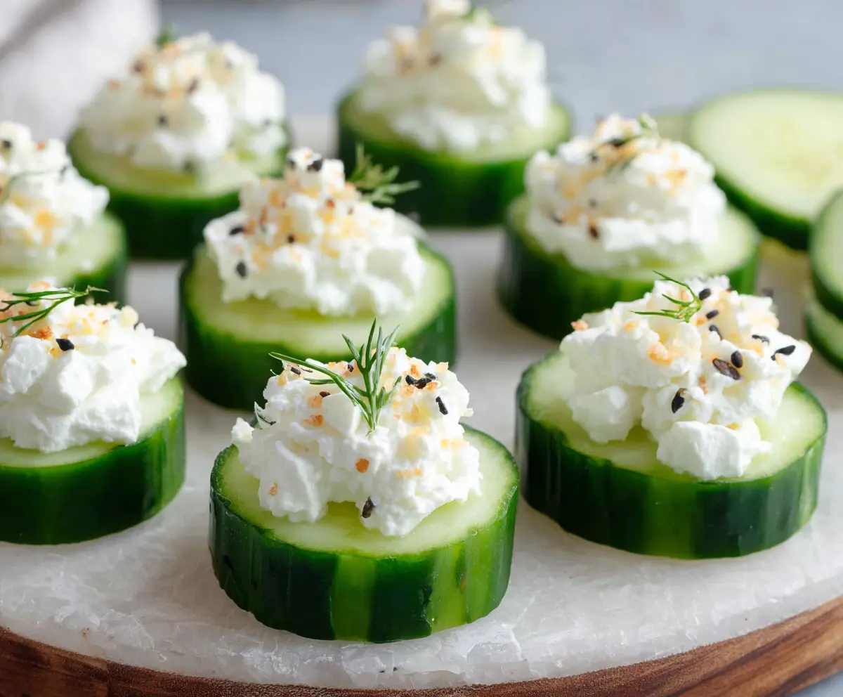Delicious cucumber and cream cheese bites on a serving platter, perfect for snacks or parties.