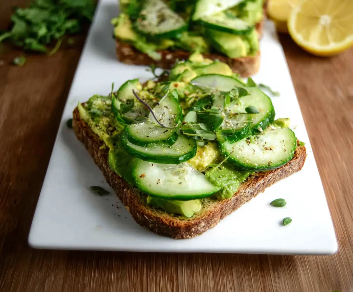 Delicious cucumber and avocado toast garnished with fresh herbs, perfect for a healthy breakfast.