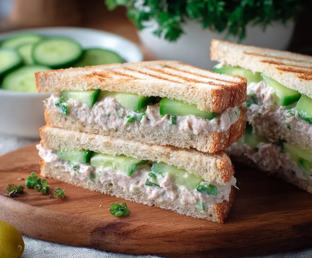 Fresh cucumber and tuna sandwich on whole wheat bread, perfect for a healthy lunch.