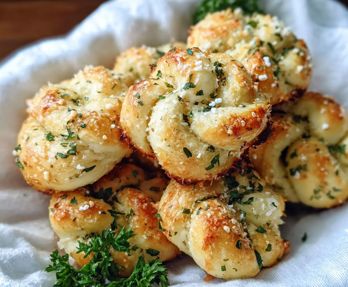 Golden baked garlic Parmesan knots on a white plate, garnished with fresh herbs, perfect as an appetizer or snack.