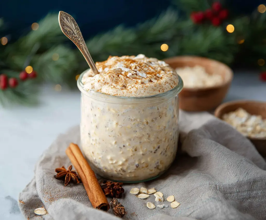 Creamy Eggnog Overnight Oats topped with nutmeg and cinnamon for a festive breakfast.
