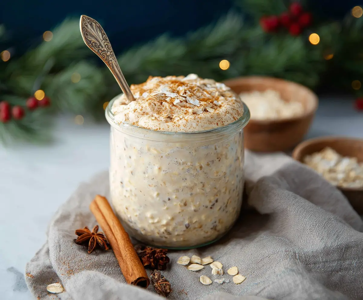Creamy Eggnog Overnight Oats topped with nutmeg and cinnamon for a festive breakfast.