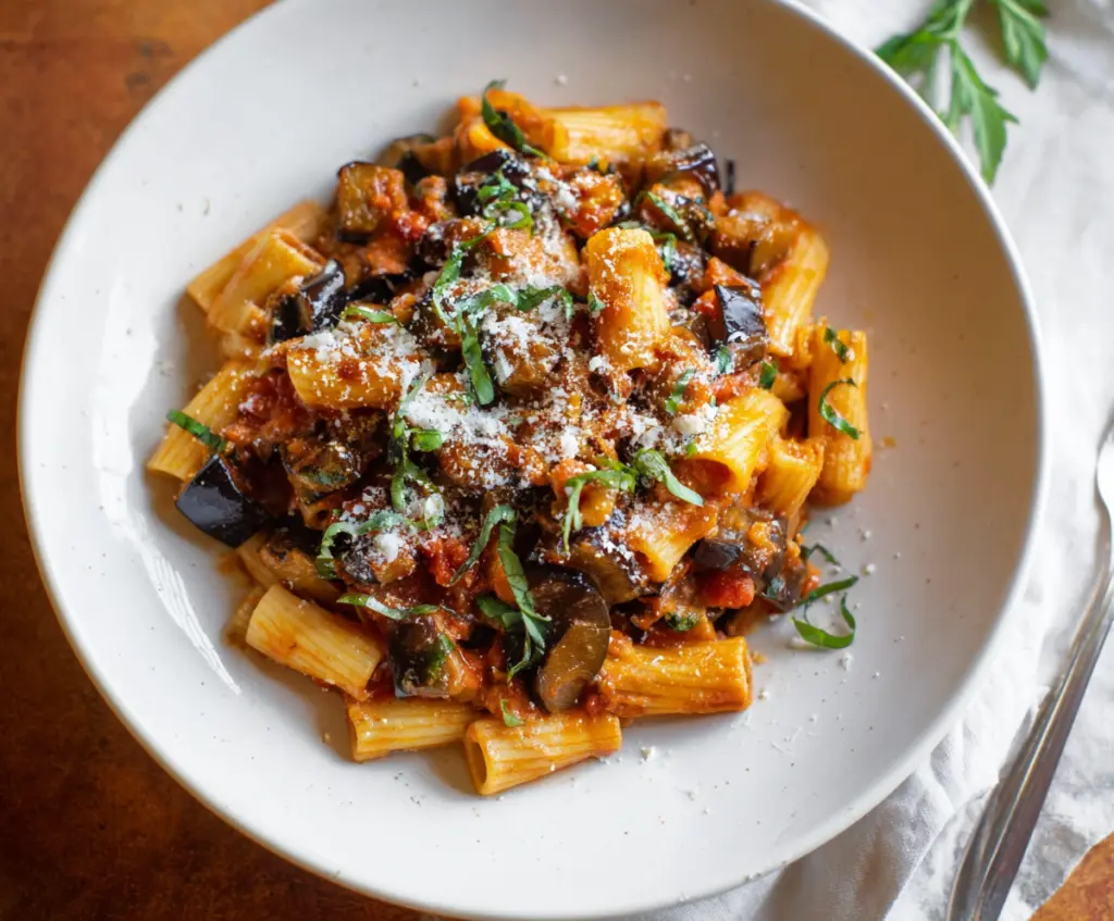 Delicious eggplant pasta with fresh vegetables and herbs on a plate, ready to serve.