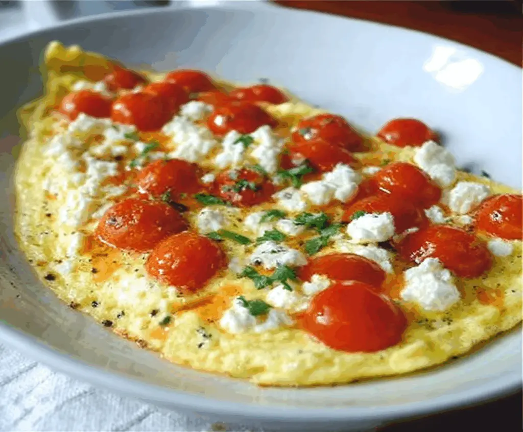 Delicious feta and tomato omelet served on a plate for breakfast.