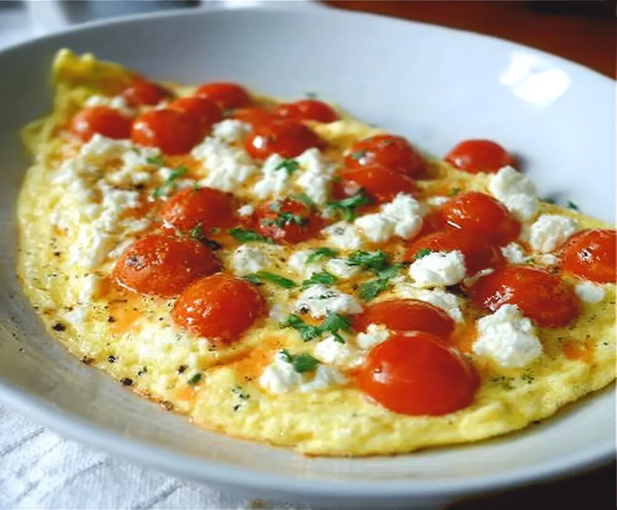 Delicious feta and tomato omelet served on a plate for breakfast.