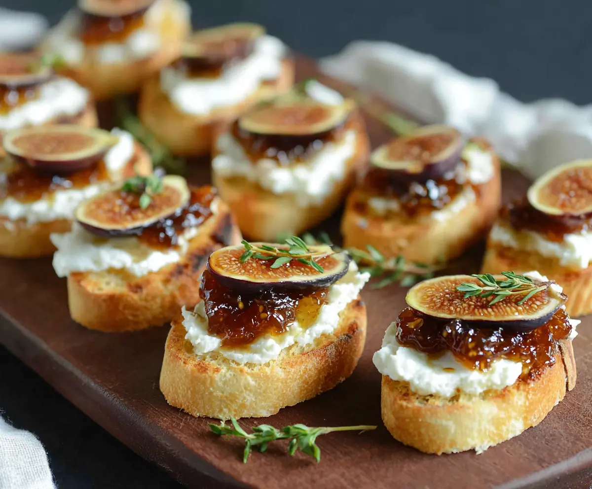 Delicious Fig Jam Goat Cheese Crostini topped with fresh herbs served as an appetizer.