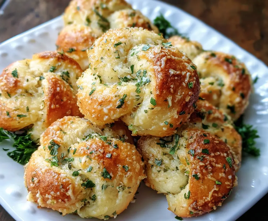 Golden Garlic Parmesan Knots fresh out of the oven, garnished with herbs and cheese