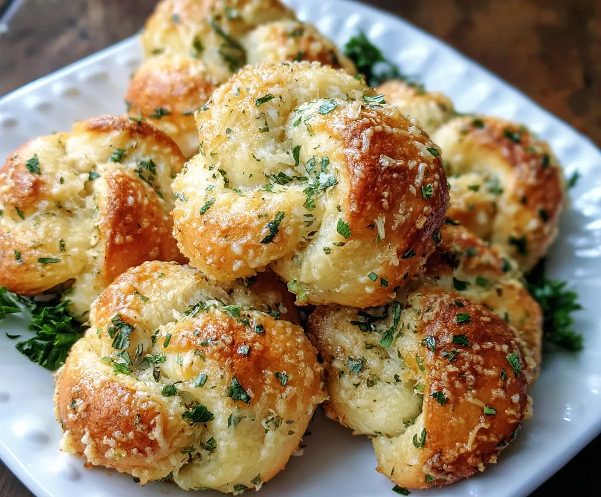 Golden Garlic Parmesan Knots fresh out of the oven, garnished with herbs and cheese