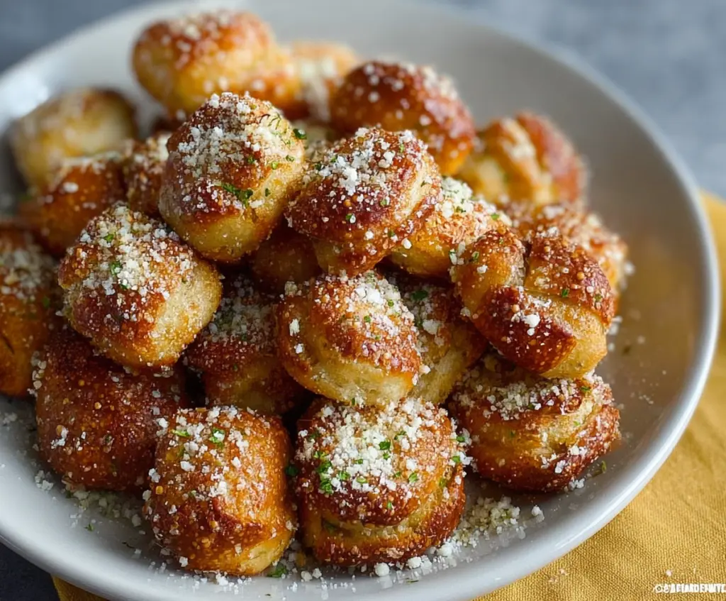 Golden garlic Parmesan pretzel bites served on a rustic wooden board, perfect for snacking.