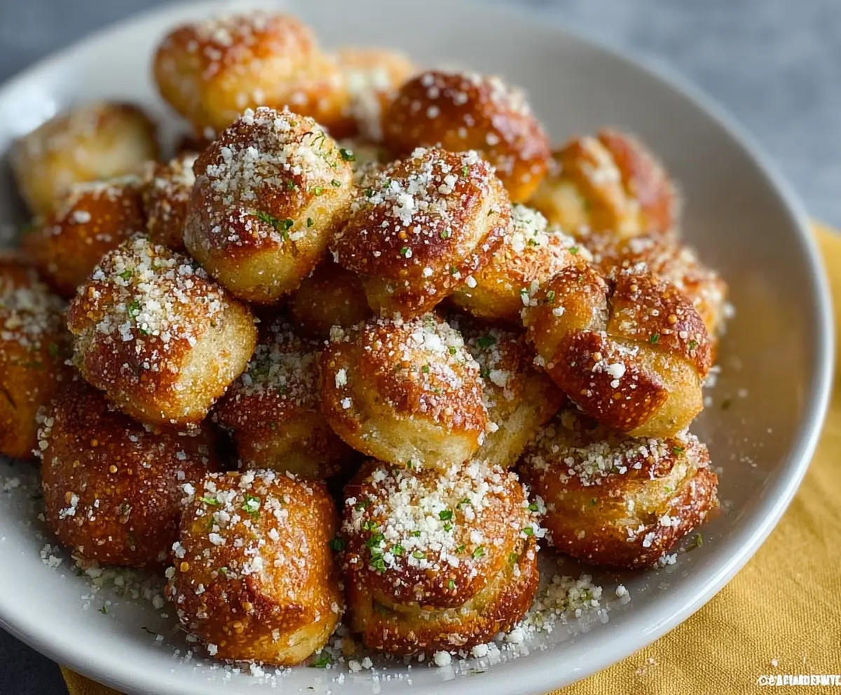 Golden garlic Parmesan pretzel bites served on a rustic wooden board, perfect for snacking.