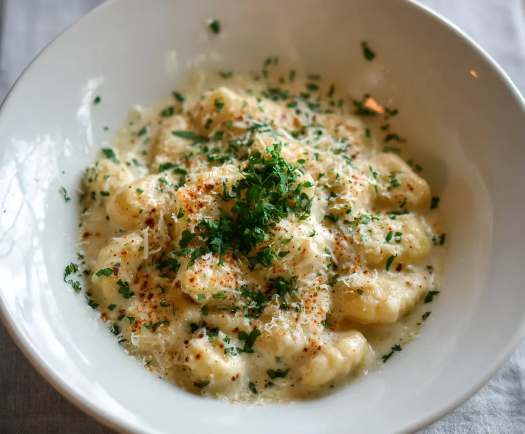 Creamy Gnocchi Alfredo dish on a plate with herbs and Parmesan cheese