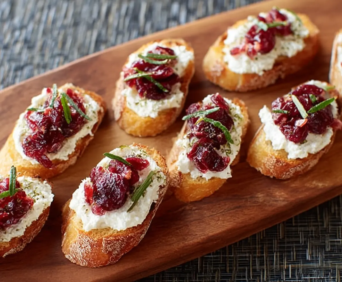 Delicious goat cheese and cranberry crostini served on a rustic wooden platter, perfect for appetizers.