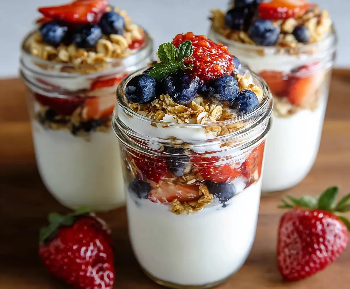 Layered Greek yogurt parfait with fresh berries and granola in a clear glass bowl.