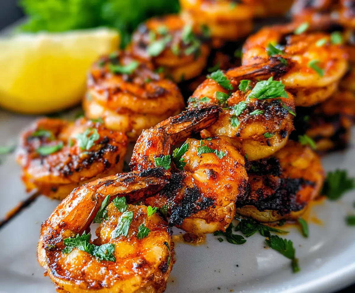 Delicious grilled spicy shrimp served on a plate with fresh lemon and herbs.