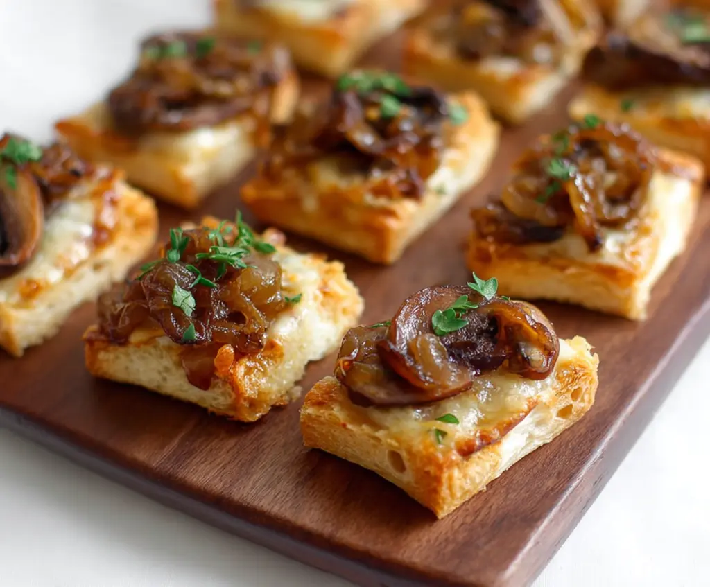 Delicious Gruyere mushroom and caramelized onion bites served on a platter.