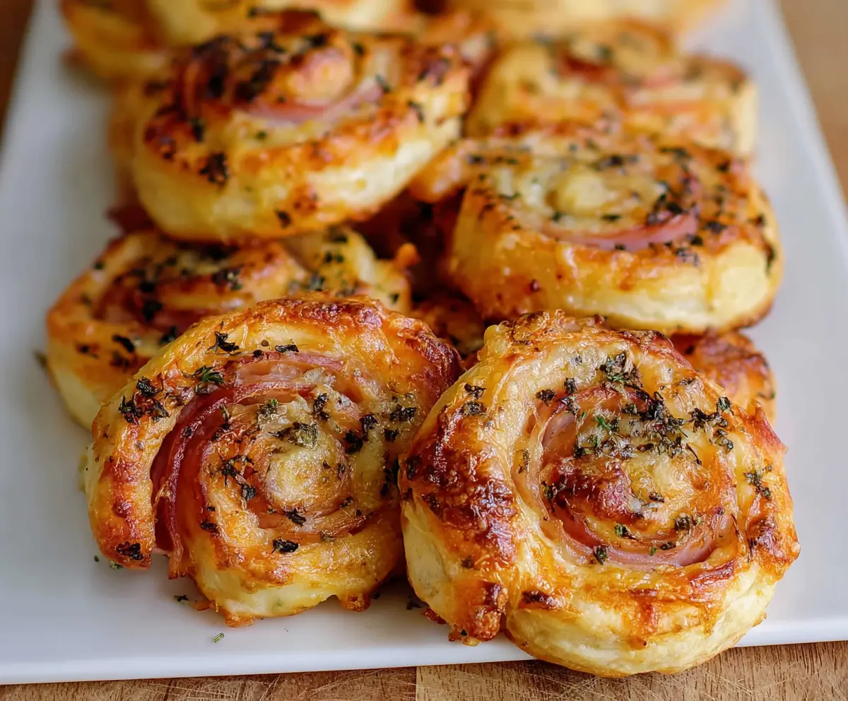 Delicious ham and cheese pinwheels freshly baked, showcasing golden crust and melted cheese inside.
